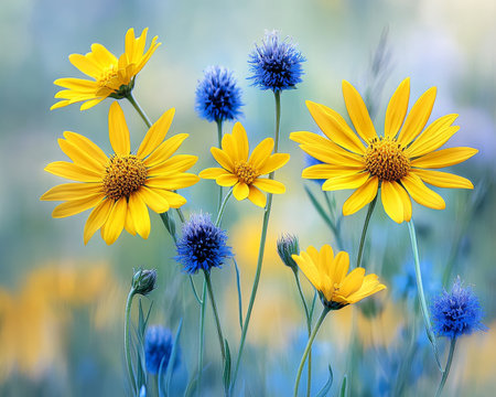 Colorful Summer Wildflower Field with Blue Globe Flowers and Yellow Composites, Soft Dreamy Bokehの素材
