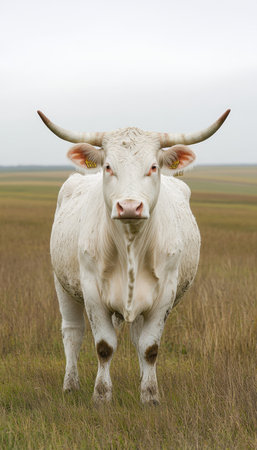 Majestic White Bull Grazing Peacefully in a Lush Green Meadow Under a Cloudy Overcast Skyの素材