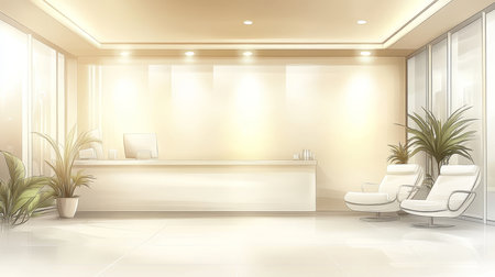 Modern Medical Clinic Waiting Area Featuring Peaceful Ambiance, Reception Desk, and Health Decorの素材