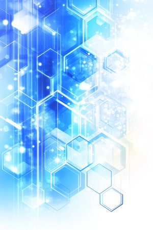 Elegant Light Blue Abstract Background with Hexagonal Shapes and Bokeh Effects for Modern Designsの素材