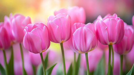 Stunning Pink Tulips in a Vibrant Spring Garden, Bathed in Soft Daylight, Nature s Floral Delightの素材