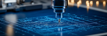 Advanced Precision CNC Milling Station Carving Complex Designs on Engineering Blueprints in Workshopの素材