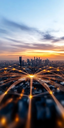 Connected City Network at Dusk Urban Communication Visualized through Nodes and Linesの素材