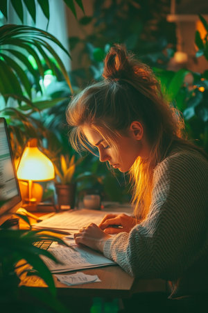 Focused Professional Woman Immersed in Work at Her Workspace Desk, Soft Focus and Greenery Aroundの素材