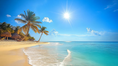 Stunning tropical beach paradise with crystal-clear waters, white sands, and lush green palm trees.の素材