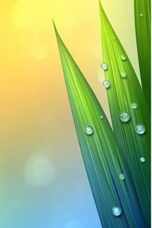 Serene Nature Abstract with Dew Drops on Green Blades Capturing Ethereal Greenery and Vitalityの素材