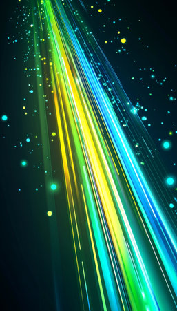 Dynamic Energetic Burst of Light with Futuristic Digital Trails in Blue, Green, and Yellow Huesの素材