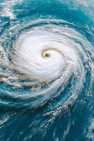 Dramatic Aerial View of a Powerful Tropical Cyclone with Swirling Clouds and Eye Over Oceanの素材