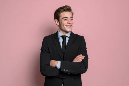 Confident entrepreneur in formal dress smiles with crossed arms against a pink backdrop.の素材