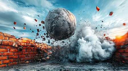 Powerful Stone Demolishing Wall The Destructive Force Tearing Down Barriers in Creative Venturesの素材