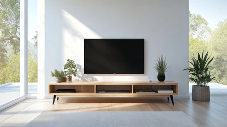Stylish Living Room with Modern TV Cabinet, Indoor Plant, and Cozy Atmosphere for Home Entertainmentの素材