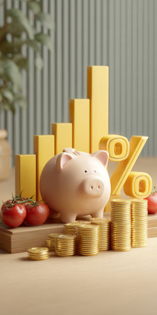 A Creative Display of Financial Growth Concepts Featuring a Piggy Bank, Coins, and Investment Blocksの素材