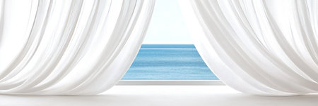 Tranquil seaside interior view through sheer curtains, showcasing calm waves and elegant decor ideasの素材