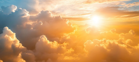Breathtaking view of golden sunlight breaking through clouds at sunset over the distant horizon.の素材
