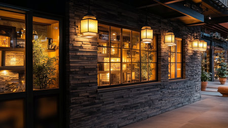 Beautiful illuminated building facade with outdoor lighting and decorative pendant lights at night.の素材
