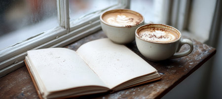Cozy Coffee Break with Sketchbook A Tranquil Scene of Inspiration and Leisure in Soft Lightの素材