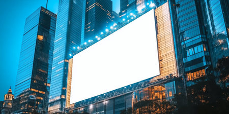 Urban cityscape showcasing a blank billboard mockup for advertising in a busy downtown area.の素材