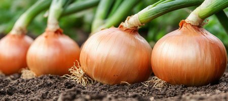 Vibrant Closeup of Fresh Yellow Onions with Lush Green Stems Growing in a Well-Tended Gardenの素材