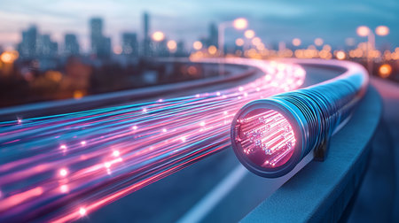 Night City Skyline with Optical Fiber Cables for High-Speed Data Connectivity and Networksの素材