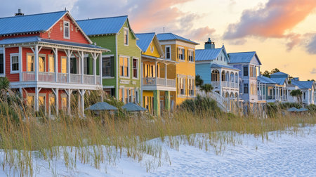 Coastal Serenity A Collection of Colorful Beach Houses by the Ocean, Embracing Sunset s Calm Beautyの素材