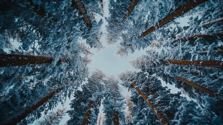 Majestic Evergreen Trees Forming a Circular Frame in a Serene Winter Forest Covered in Snowの素材