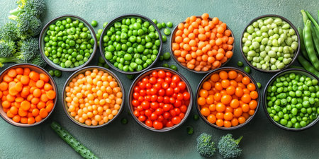 Vibrant and Fresh Collection of Colorful Raw Vegetables and Fruits in Bowls for Healthy Livingの素材