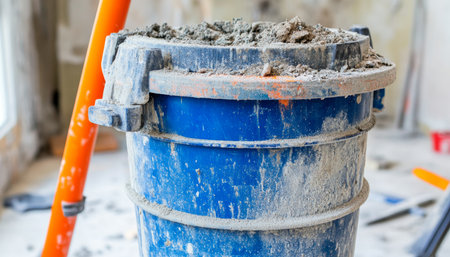 Dirty Vacuum Filter Still Life with Captured Debris and Household Cleaning Tools in Garage Settingの素材