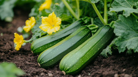 Close-up of Fresh, Organic Zucchini Growing in Garden Bed, Cultivating Healthy Green Vegetablesの素材