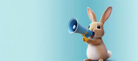 Charming Easter Bunny Enthusiastically Announces Springtime News with Bright Blue Megaphone in Handの素材