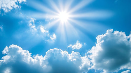 Brilliant Sunlight Radiating through the Expansive Blue Sky with Cumulus Clouds on Summer Daysの素材