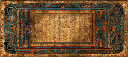 Ancient Egyptian Papyrus Artwork with Hieroglyphs and Decorative Borders, Historical Illustrationsの素材