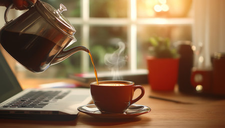 Morning coffee being poured into a cup on a stylish work desk setup for a productive home officeの素材