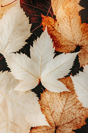 Elegant Abstract Autumn Foliage Texture Featuring Pale Maple Leaves on Dark Rustic Wooden Surfaceの素材