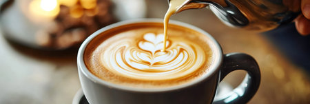 Delicious latte art in a coffee cup with frothy cream and pastries on a cafe table setting.の素材
