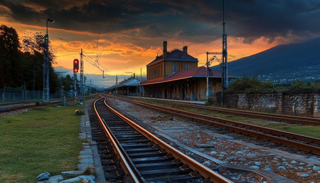 Old Historic Train Station on Railway Track at Sunset, Perfect Background for Transport Storiesの素材