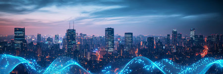 Advanced Cybersecurity Concept Secure Data Streams Illuminating a Global Business District at Nightの素材