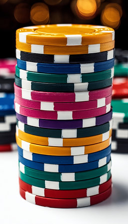 Vibrant Stack of Colorful Poker Chips in a Dynamic Pile for Engaging Game Illustrations and Designsの素材