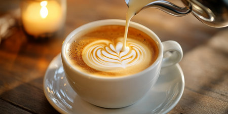 Cappuccino Creation in Progress Beautiful Milk Swirl Design on a Caf Java Serving Refreshmentの素材