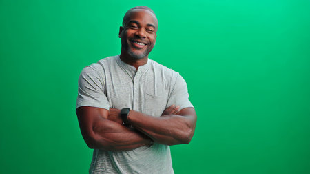 Confident African American Man with Folded Arms Smiling Against a Bright Green Screen Backgroundの素材