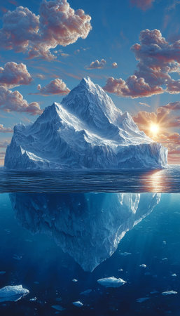 Majestic iceberg rises from serene Arctic waters, highlighting nature s beauty and stark contrasts.の素材