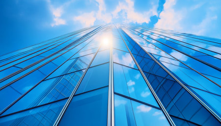Futuristic skyscraper with reflective glass facade showcasing modern architecture and urban design.の素材