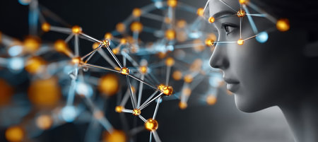 Futuristic Female Figure Engaging with Technology Interface in a High-Tech Digital Networkの素材
