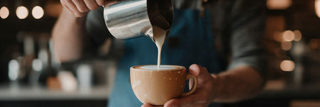 Professional Barista Skillfully Preparing Coffee with Milk Art in a Cozy Cafe Environmentの素材