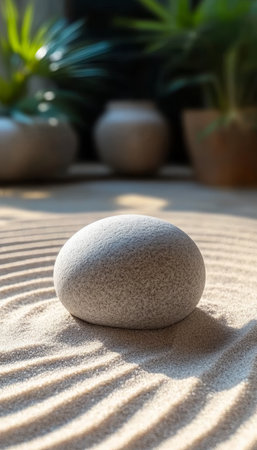 Serene Minimalist Zen Garden with Raked Sand, Smooth Rocks, and Tranquil Aesthetic for Meditationの素材