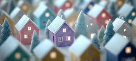 Charming miniature winter village with pastel colored houses, creating a cozy neighborhood scene.の素材