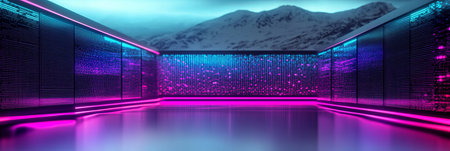 Futuristic Data Center Under Snow-Capped Mountains Featuring Advanced Neon Lighting Designの素材