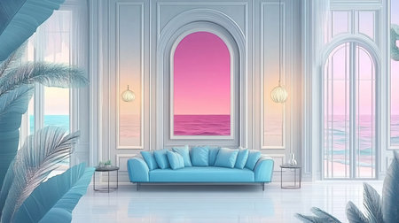Elegant Coastal Living Room Design with Serene Ocean View, Pastel Colors, and Chic Decor Elementsの素材