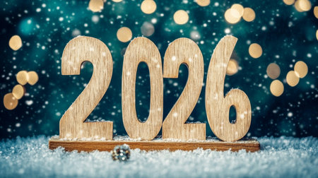 Festive Decorative Snowy Backdrop Featuring 2026 in Wood, Perfect for Inspiring New Year Greetingsの素材