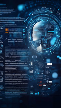 Futuristic AI Model Illustration Blending Human Features with Advanced Technology and Data Networksの素材