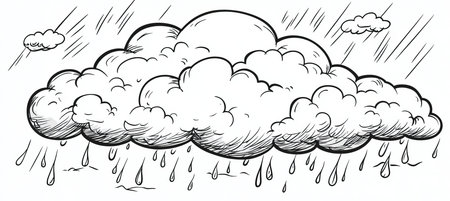 Stormy Illustration with Monochrome Clouds and Rainfall, Perfect for Coloring Books and Art Projectsの素材